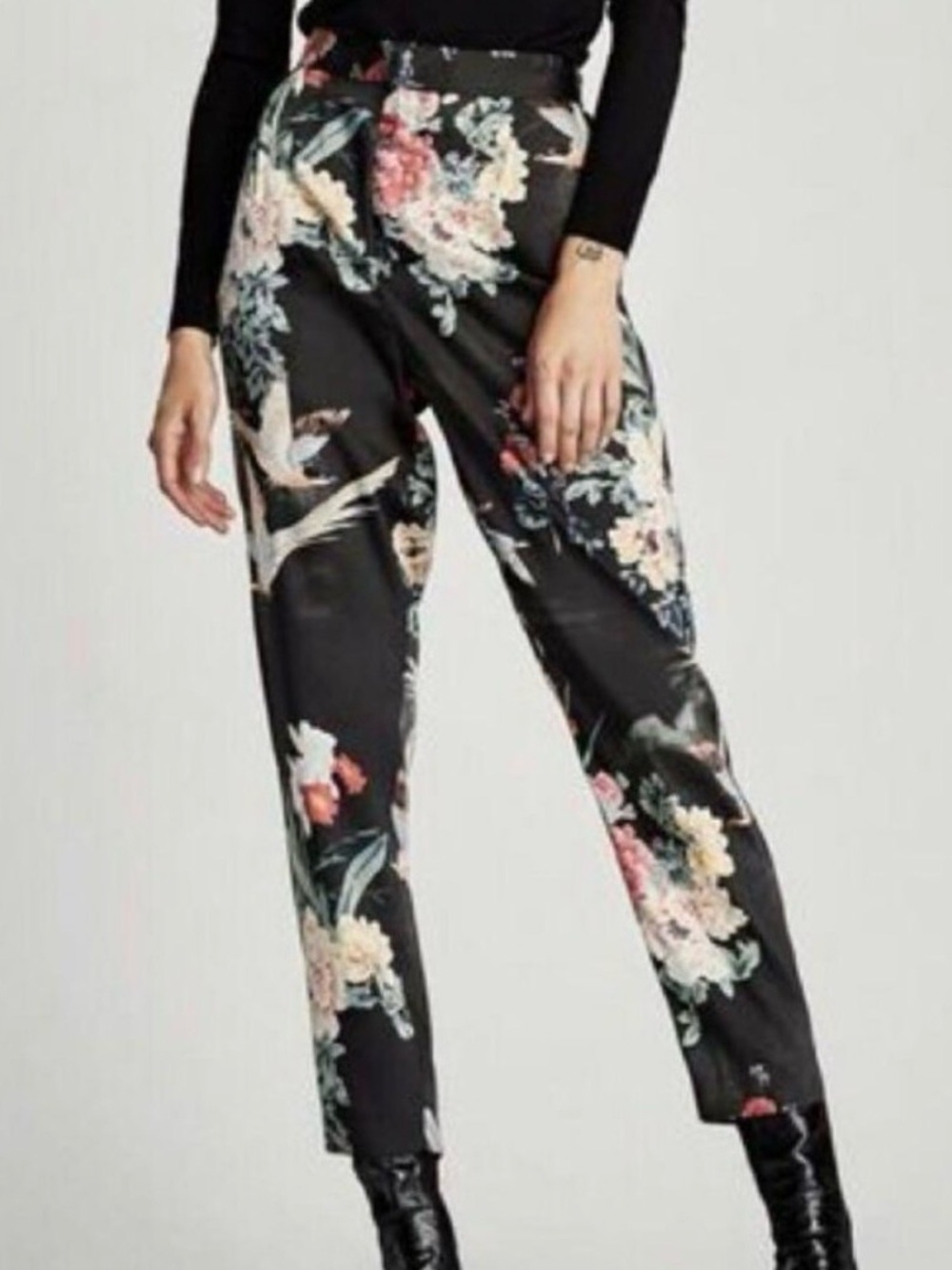 Zara Black Floral Straight-Leg Satin Pants